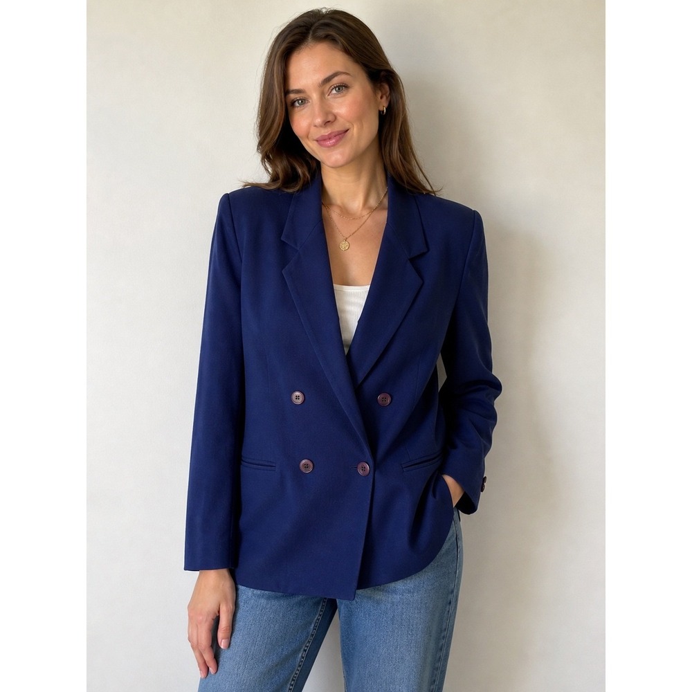 Vtg JONES NEW YORK 100% Wool Women's Power Blazer 8 Blue Double Breasted USA 80s